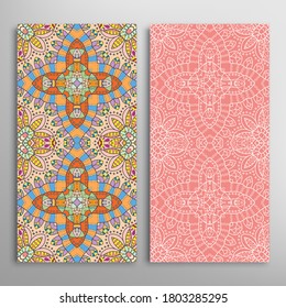 Vertical seamless patterns set, floral geometric lace texture for Wedding, Valentine's day, greeting card or Birthday Invitation. Decorative seamless doodle backgrounds. Ethnic ornament border pattern