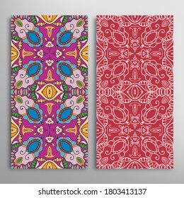 Vertical seamless patterns set, floral geometric lace texture for Wedding, Valentine's day, greeting card or Birthday Invitation. Decorative seamless doodle backgrounds. Ethnic ornament border pattern