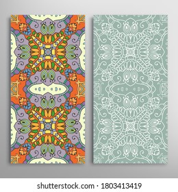 Vertical seamless patterns set, floral geometric lace texture for Wedding, Valentine's day, greeting card or Birthday Invitation. Decorative seamless doodle backgrounds. Ethnic ornament border pattern
