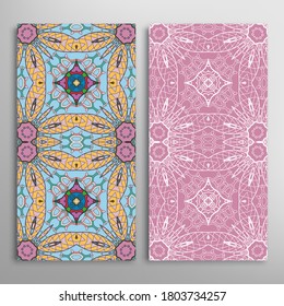 Vertical seamless patterns set, floral geometric lace texture for Wedding, Valentine's day, greeting card or Birthday Invitation. Decorative seamless doodle backgrounds. Ethnic ornament border pattern