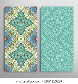 Vertical seamless patterns set, floral geometric lace texture for Wedding, Valentine's day, greeting card or Birthday Invitation. Decorative seamless doodle backgrounds. Ethnic ornament border pattern