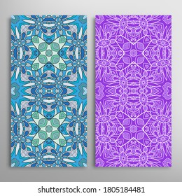 Vertical seamless patterns set, floral geometric lace texture for Wedding, Valentine's day, greeting card or Birthday Invitation. Decorative seamless doodle backgrounds. Ethnic ornament border pattern