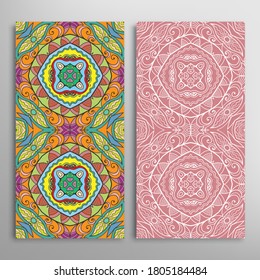 Vertical seamless patterns set, floral geometric lace texture for Wedding, Valentine's day, greeting card or Birthday Invitation. Decorative seamless doodle backgrounds. Ethnic ornament border pattern