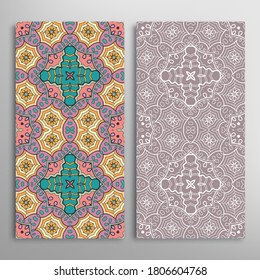 Vertical seamless patterns set, floral geometric lace texture for Wedding, Valentine's day, greeting card or Birthday Invitation. Decorative seamless doodle backgrounds. Ethnic ornament border pattern