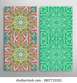Vertical seamless patterns set, floral geometric lace texture for Wedding, Valentine's day, greeting card or Birthday Invitation. Decorative seamless doodle backgrounds. Ethnic ornament border pattern