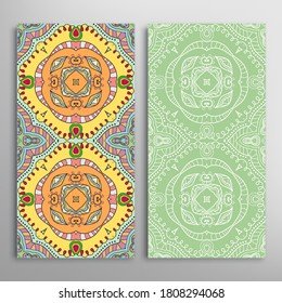 Vertical seamless patterns set, floral geometric lace texture for Wedding, Valentine's day, greeting card or Birthday Invitation. Decorative seamless doodle backgrounds. Ethnic ornament border pattern