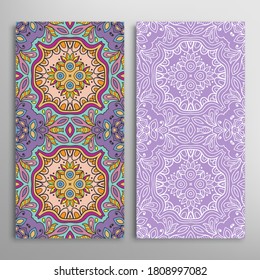 Vertical seamless patterns set, floral geometric lace texture for Wedding, Valentine's day, greeting card or Birthday Invitation. Decorative seamless doodle backgrounds. Ethnic ornament border pattern
