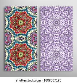 Vertical seamless patterns set, floral geometric lace texture for Wedding, Valentine's day, greeting card or Birthday Invitation. Decorative seamless doodle backgrounds. Ethnic ornament border pattern