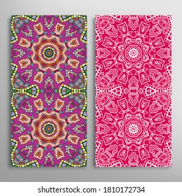 Vertical seamless patterns set, floral geometric lace texture for Wedding, Valentine's day, greeting card or Birthday Invitation. Decorative seamless doodle backgrounds. Ethnic ornament border pattern
