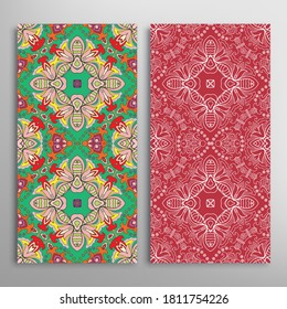 Vertical seamless patterns set, floral geometric lace texture for Wedding, Valentine's day, greeting card or Birthday Invitation. Decorative seamless doodle backgrounds. Ethnic ornament border pattern