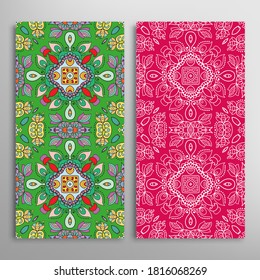 Vertical seamless patterns set, floral geometric lace texture for Wedding, Valentine's day, greeting card or Birthday Invitation. Decorative seamless doodle backgrounds. Ethnic ornament border pattern