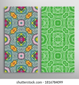 Vertical seamless patterns set, floral geometric lace texture for Wedding, Valentine's day, greeting card or Birthday Invitation. Decorative seamless doodle backgrounds. Ethnic ornament border pattern