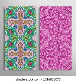 Vertical seamless patterns set, floral geometric lace texture for Wedding, Valentine's day, greeting card or Birthday Invitation. Decorative seamless doodle backgrounds. Ethnic ornament border pattern