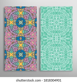 Vertical seamless patterns set, floral geometric lace texture for Wedding, Valentine's day, greeting card or Birthday Invitation. Decorative seamless doodle backgrounds. Ethnic ornament border pattern