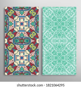 Vertical seamless patterns set, floral geometric lace texture for Wedding, Valentine's day, greeting card or Birthday Invitation. Decorative seamless doodle backgrounds. Ethnic ornament border pattern