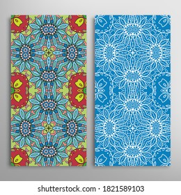 Vertical seamless patterns set, floral geometric lace texture for Wedding, Valentine's day, greeting card or Birthday Invitation. Decorative seamless doodle backgrounds. Ethnic ornament border pattern