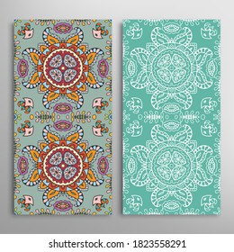 Vertical seamless patterns set, floral geometric lace texture for Wedding, Valentine's day, greeting card or Birthday Invitation. Decorative seamless doodle backgrounds. Ethnic ornament border pattern
