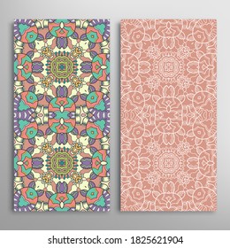 Vertical seamless patterns set, floral geometric lace texture for Wedding, Valentine's day, greeting card or Birthday Invitation. Decorative seamless doodle backgrounds. Ethnic ornament border pattern