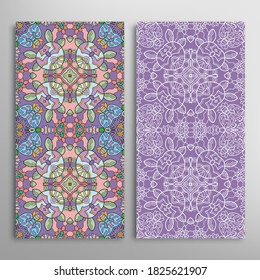 Vertical seamless patterns set, floral geometric lace texture for Wedding, Valentine's day, greeting card or Birthday Invitation. Decorative seamless doodle backgrounds. Ethnic ornament border pattern