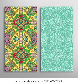 Vertical seamless patterns set, floral geometric lace texture for Wedding, Valentine's day, greeting card or Birthday Invitation. Decorative seamless doodle backgrounds. Ethnic ornament border pattern