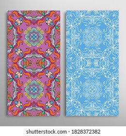 Vertical seamless patterns set, floral geometric lace texture for Wedding, Valentine's day, greeting card or Birthday Invitation. Decorative seamless doodle backgrounds. Ethnic ornament border pattern