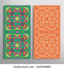 Vertical seamless patterns set, floral geometric lace texture for Wedding, Valentine's day, greeting card or Birthday Invitation. Decorative seamless doodle backgrounds. Ethnic ornament border pattern