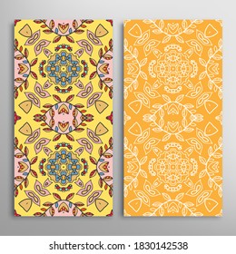 Vertical seamless patterns set, floral geometric lace texture for Wedding, Valentine's day, greeting card or Birthday Invitation. Decorative seamless doodle backgrounds. Ethnic ornament border pattern