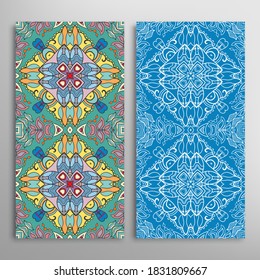 Vertical seamless patterns set, floral geometric lace texture for Wedding, Valentine's day, greeting card or Birthday Invitation. Decorative seamless doodle backgrounds. Ethnic ornament border pattern