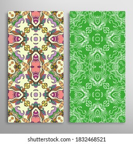 Vertical seamless patterns set, floral geometric lace texture for Wedding, Valentine's day, greeting card or Birthday Invitation. Decorative seamless doodle backgrounds. Ethnic ornament border pattern