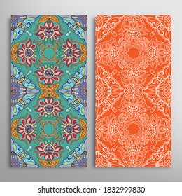 Vertical seamless patterns set, floral geometric lace texture for Wedding, Valentine's day, greeting card or Birthday Invitation. Decorative seamless doodle backgrounds. Ethnic ornament border pattern