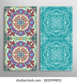 Vertical seamless patterns set, floral geometric lace texture for Wedding, Valentine's day, greeting card or Birthday Invitation. Decorative seamless doodle backgrounds. Ethnic ornament border pattern