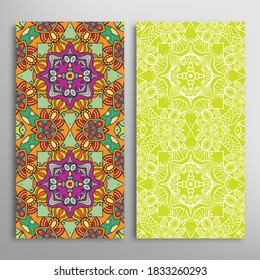 Vertical seamless patterns set, floral geometric lace texture for Wedding, Valentine's day, greeting card or Birthday Invitation. Decorative seamless doodle backgrounds. Ethnic ornament border pattern
