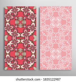 Vertical seamless patterns set, floral geometric lace texture for Wedding, Valentine's day, greeting card or Birthday Invitation. Decorative seamless doodle backgrounds. Ethnic ornament border pattern