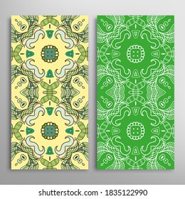 Vertical seamless patterns set, floral geometric lace texture for Wedding, Valentine's day, greeting card or Birthday Invitation. Decorative seamless doodle backgrounds. Ethnic ornament border pattern