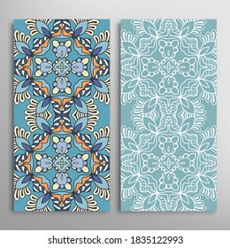 Vertical seamless patterns set, floral geometric lace texture for Wedding, Valentine's day, greeting card or Birthday Invitation. Decorative seamless doodle backgrounds. Ethnic ornament border pattern