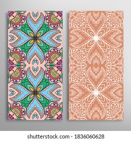 Vertical seamless patterns set, floral geometric lace texture for Wedding, Valentine's day, greeting card or Birthday Invitation. Decorative seamless doodle backgrounds. Ethnic ornament border pattern