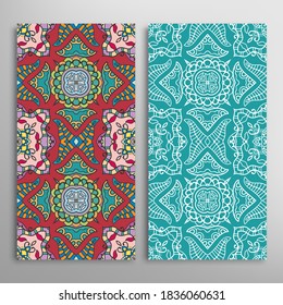 Vertical seamless patterns set, floral geometric lace texture for Wedding, Valentine's day, greeting card or Birthday Invitation. Decorative seamless doodle backgrounds. Ethnic ornament border pattern