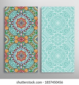 Vertical seamless patterns set, floral geometric lace texture for Wedding, Valentine's day, greeting card or Birthday Invitation. Decorative seamless doodle backgrounds. Ethnic ornament border pattern