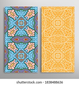 Vertical seamless patterns set, floral geometric lace texture for Wedding, Valentine's day, greeting card or Birthday Invitation. Decorative seamless doodle backgrounds. Ethnic ornament border pattern