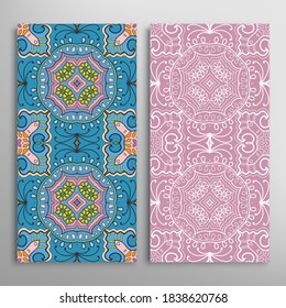 Vertical seamless patterns set, floral geometric lace texture for Wedding, Valentine's day, greeting card or Birthday Invitation. Decorative seamless doodle backgrounds. Ethnic ornament border pattern