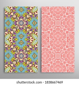 Vertical seamless patterns set, floral geometric lace texture for Wedding, Valentine's day, greeting card or Birthday Invitation. Decorative seamless doodle backgrounds. Ethnic ornament border pattern