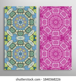 Vertical seamless patterns set, floral geometric lace texture for Wedding, Valentine's day, greeting card or Birthday Invitation. Decorative seamless doodle backgrounds. Ethnic ornament border pattern