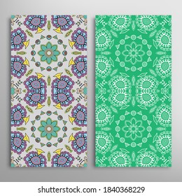 Vertical seamless patterns set, floral geometric lace texture for Wedding, Valentine's day, greeting card or Birthday Invitation. Decorative seamless doodle backgrounds. Ethnic ornament border pattern