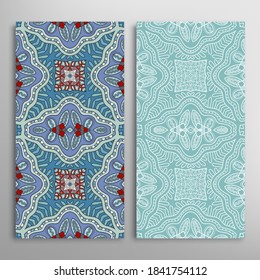 Vertical seamless patterns set, floral geometric lace texture for Wedding, Valentine's day, greeting card or Birthday Invitation. Decorative seamless doodle backgrounds. Ethnic ornament border pattern