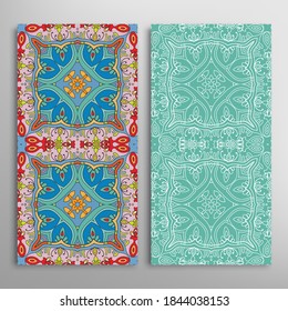 Vertical seamless patterns set, floral geometric lace texture for Wedding, Valentine's day, greeting card or Birthday Invitation. Decorative seamless doodle backgrounds. Ethnic ornament border pattern