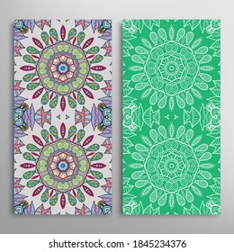 Vertical seamless patterns set, floral geometric lace texture for Wedding, Valentine's day, greeting card or Birthday Invitation. Decorative seamless doodle backgrounds. Ethnic ornament border pattern