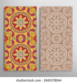 Vertical seamless patterns set, floral geometric lace texture for Wedding, Valentine's day, greeting card or Birthday Invitation. Decorative seamless doodle backgrounds. Ethnic ornament border pattern