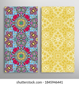 Vertical seamless patterns set, floral geometric lace texture for Wedding, Valentine's day, greeting card or Birthday Invitation. Decorative seamless doodle backgrounds. Ethnic ornament border pattern