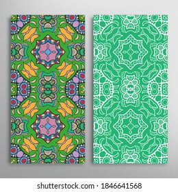 Vertical seamless patterns set, floral geometric lace texture for Wedding, Valentine's day, greeting card or Birthday Invitation. Decorative seamless doodle backgrounds. Ethnic ornament border pattern