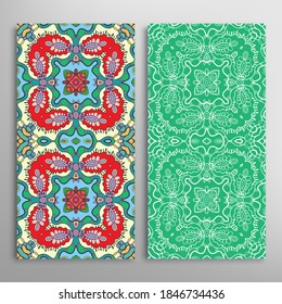 Vertical seamless patterns set, floral geometric lace texture for Wedding, Valentine's day, greeting card or Birthday Invitation. Decorative seamless doodle backgrounds. Ethnic ornament border pattern